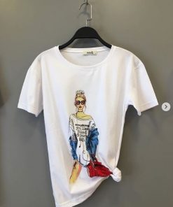 Yazlık Unisex Bay Bayan Baskılı Beyaz Desenli T-Shirt Penye Tişört Pamuk Kapıda Ödeme